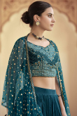 Peacock Blue Crepe Party Wear Embroidered Lehenga