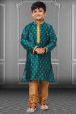Foil Print Peacock Blue Boys' Kurta Pajama in Dupion Silk for Party 