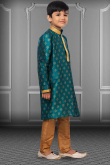 Foil Print Peacock Blue Boys' Kurta Pajama in Dupion Silk for Party 