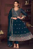 Peacock Blue Georgette Embroidered Angrakha Style Anarkali Suit 