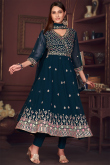 Peacock Blue Georgette Embroidered Angrakha Style Anarkali Suit 