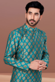 Peacock Blue Jacquard Woven Zari Men's Sherwani