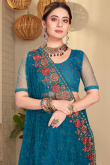 Party Wear Thread Embroidered Peacock Blue Saree in Net