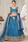 Peacock Blue Net Sequins Embroidered Panelled Style Lehenga 