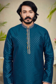Peacock Blue Silk Woven Zari Men Kurta Pajama