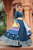 Peacock Blue Taffeta Silk Sequins Embroidered Flared Lehenga 