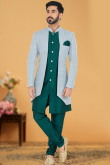 Peacock Green Cotton Resham Thread Embroidered Men's Sherwani Churidar