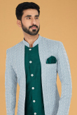 Peacock Green Cotton Resham Thread Embroidered Men's Sherwani Churidar