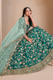 Peacock Green Embroidered Art Silk Panelled Style Lehenga