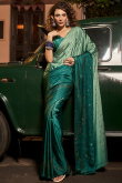 Peacock Green Ombre Print Satin Saree 