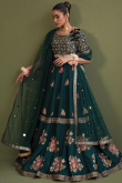 Peacock Green Silk Blend Embroidered A Line Lehenga 