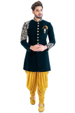 Peacock Green Velvet Sherwani With Dhoti Pant
