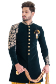 Peacock Green Velvet Sherwani With Dhoti Pant