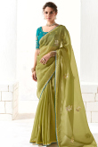 Pear Green Organza Saree With Sequins Work For Mehndi