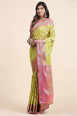 Pear Green Organza Silk Saree With Weaved Work For Mehndi 