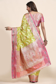 Pear Green Organza Silk Saree With Weaved Work For Mehndi 