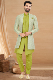 Pear Green Silk Asymmetrical Style Men's Sherwani With Jacket 