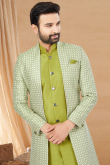 Pear Green Silk Asymmetrical Style Men's Sherwani With Jacket 