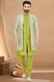Pear Green Silk Asymmetrical Style Men's Sherwani With Jacket 