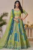 Pear Green Silk Blend Embroidered Flared Style Lehenga