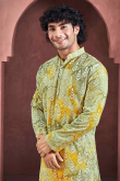 Pear Green Viscose Printed Straight Cut Men's Kurta Pajama 