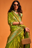 Pear Green Zari Weaved Satin Silk Broad Border Saree