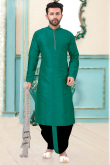 Persian Green Dupion Silk Men Kurta With Dhoti