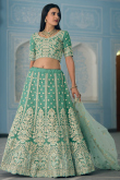 Persian Green Organza Zari Embroidered Panelled Lehenga