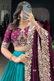 Persian Green Silk Blend Embroidered Flared Style Lehenga