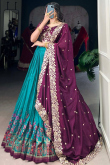 Persian Green Silk Blend Embroidered Flared Style Lehenga