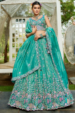 Persian Green Tissue Embroidered Panelled Style Lehenga For Wedding