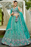 Persian Green Tissue Embroidered Panelled Style Lehenga For Wedding