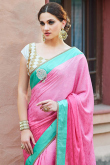 Pink Chiffon Indian Saree With Brocade Blouse