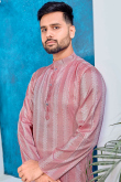 Pink Jacquard Silk Woven Men Kurta With Pajama