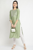 Pistachio Green Chanderi Embroidered Kurti