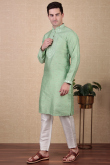 Pistachio Green Dupion Silk Embroidered Straight Cut Men's Kurta Pajama