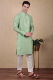 Pistachio Green Dupion Silk Embroidered Straight Cut Men's Kurta Pajama