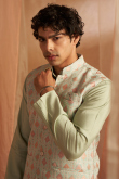 Pistachio Green Jacket Style Viscose Men's Plain Kurta Pajama 