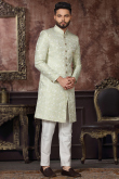 Pistachio Green Jacquard Straight Cut Men's Sherwani