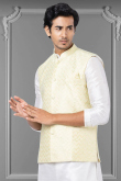Weaved Thread Work Pistachio Green Men Waist Coat in Jacquard for Wedding 