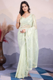 Pistachio Green Net Embroidered Light Weight Saree 