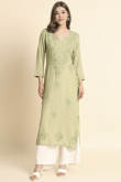 Pistachio Green Rayon Embroidered Ready Made Straight Cut Casual Wear Kurti