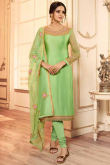 Pistachio Green Silk Embroidered Churidar Suit for Wedding & Party