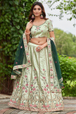 Pistachio Green Satin Silk Embroidered Panelled Style Lehenga