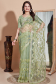 Pistachio Green Sequins Embroidered Net Light Weight Saree