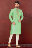 Pistachio Green Silk Embroidered Men's Churidar Kurta 