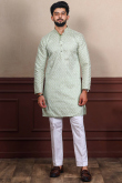 Pistachio Green Silk Resham Embroidered Men's Kurta Pajama