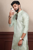 Pistachio Green Silk Resham Embroidered Men's Kurta Pajama