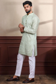 Pistachio Green Silk Resham Embroidered Men's Kurta Pajama
