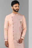 Plain And Printed Art Silk Salmon Peach Men's Sherwani